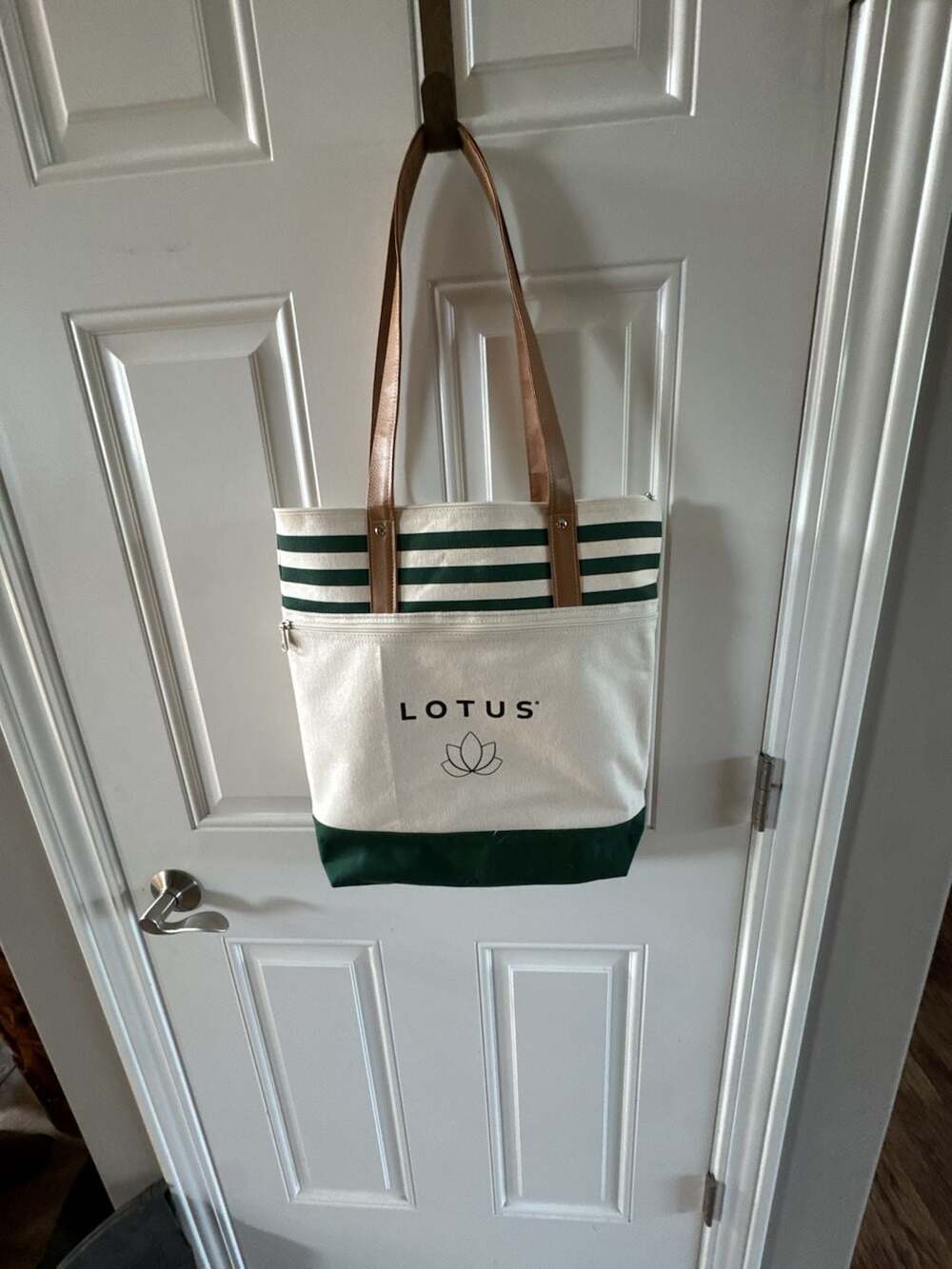 Atchison Lotus Canvas Tote Bag with Green Striped Detail